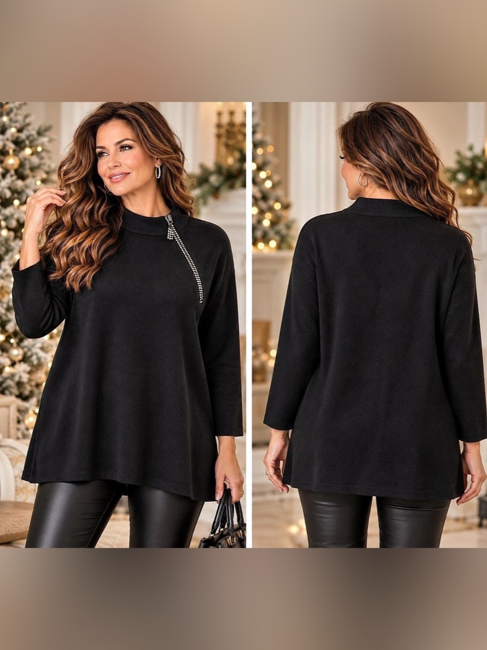 Designers Originals Black Mock Neck Sweater With Decorative Zip Tunic Black Size
